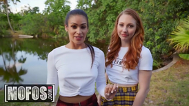 Two uniformed school girls share one cock in FFM threesome